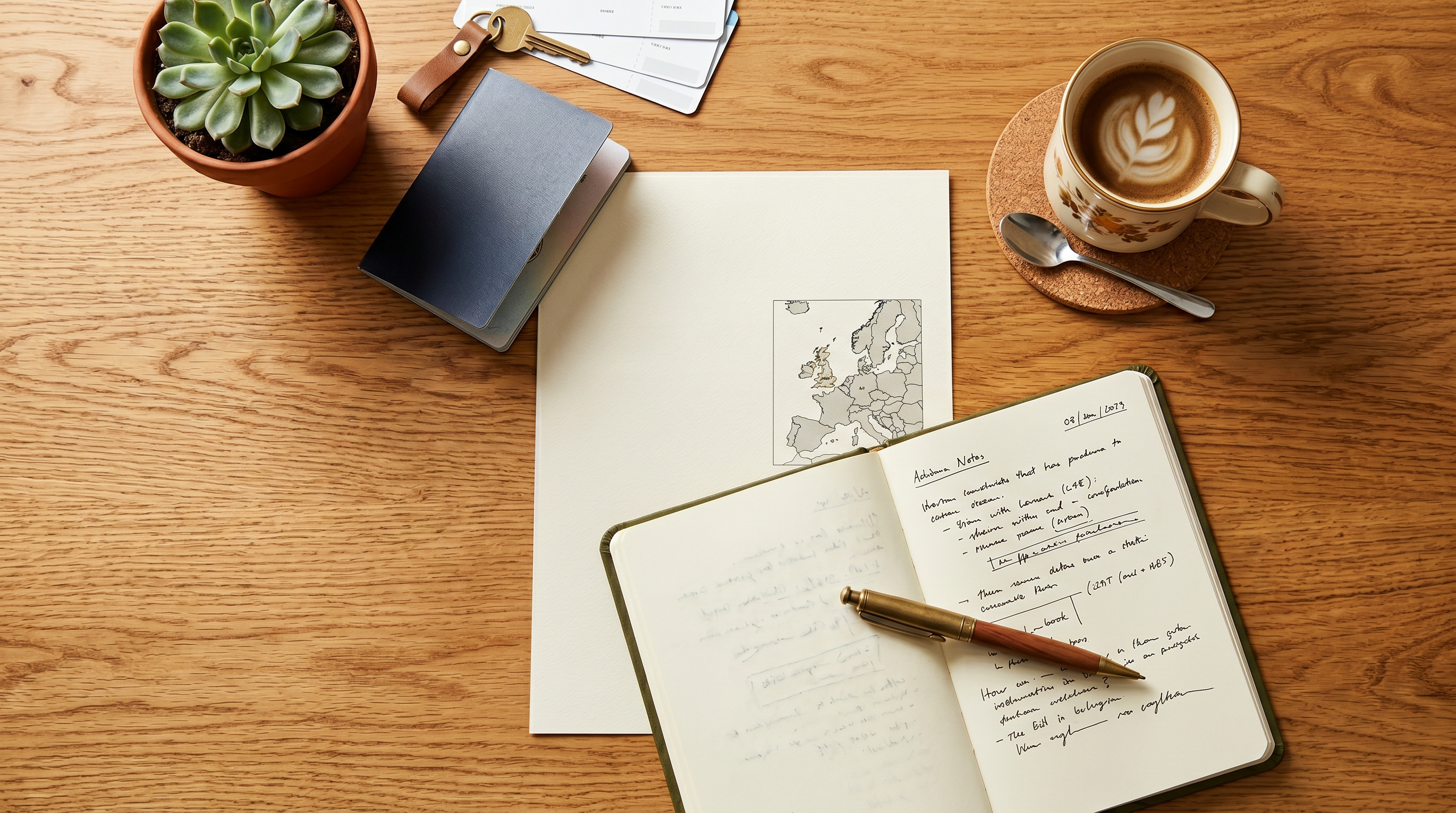 Study abroad planning materials on a warm desk