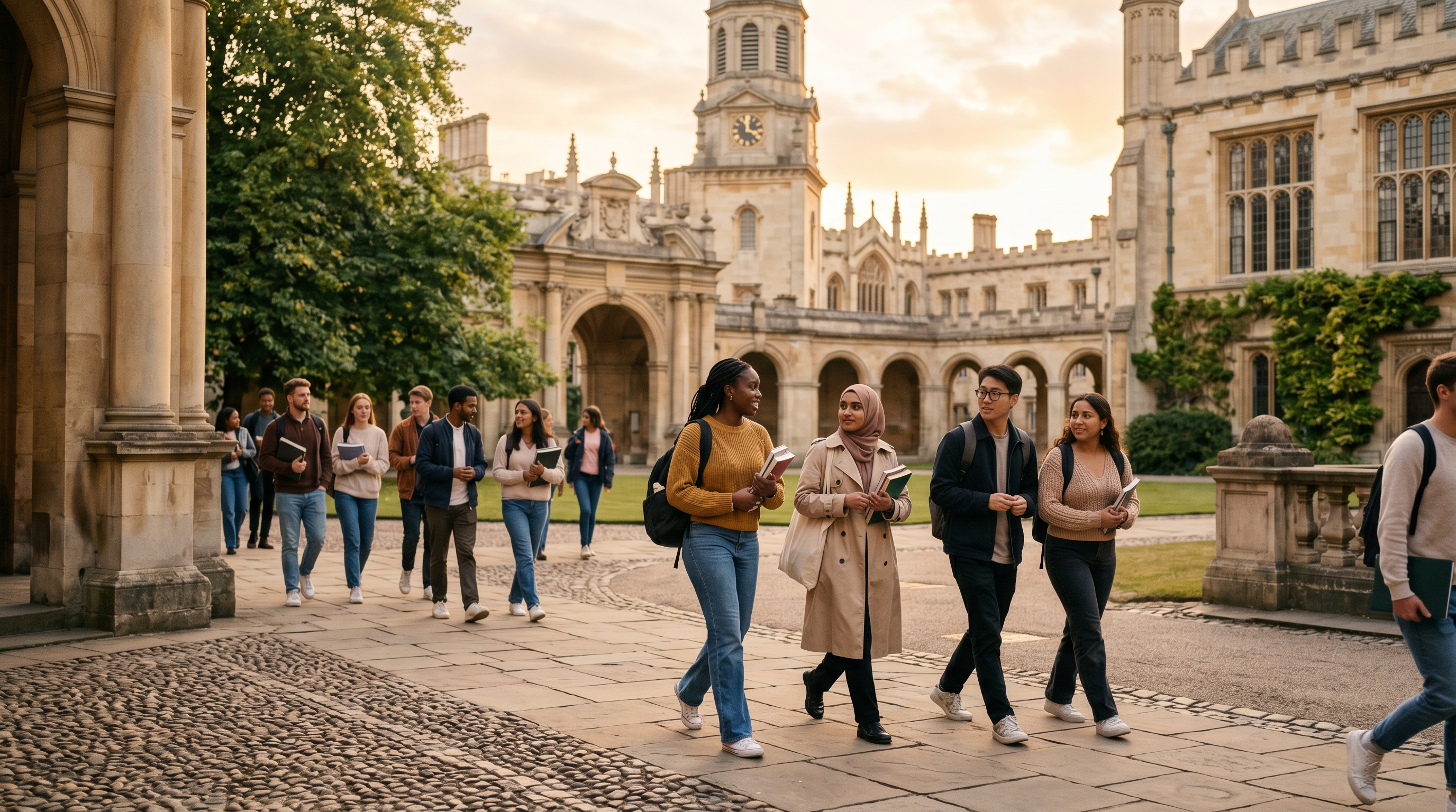 International students walking through a prestigious university campus at golden hour